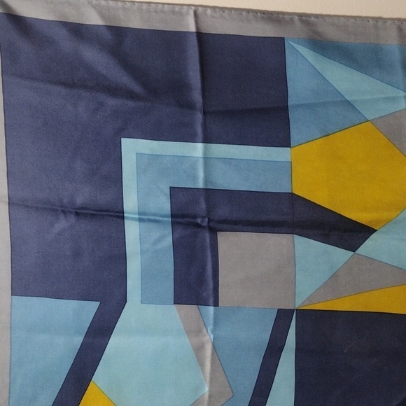 J.D. Dubois Silk Scarf 30x30 – Luxe Geometric Blue & Gold Tie Style Accessory - Picture 7 of 14